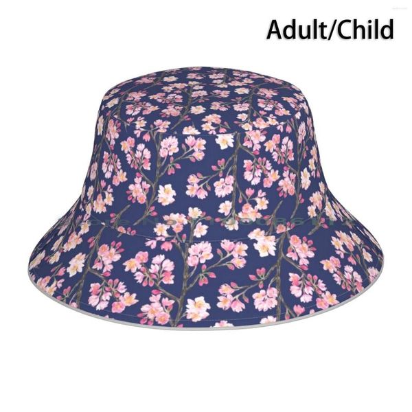 Boinas Cherry Blossom Pattern ( Navy ) Bucket Hat Sun Cap Blossoms Spring Pink Delicate Flowers Branches Flowering Tree Floral