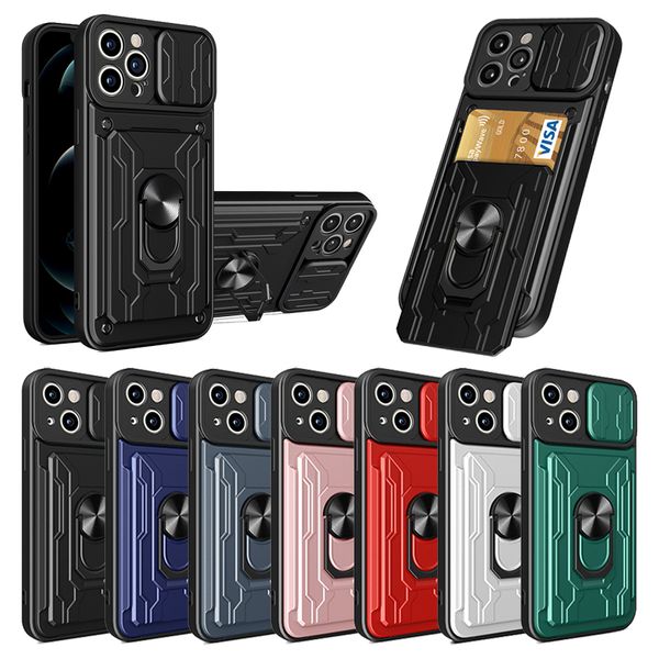 Slot para cartão Bolso Sacos de telefone Casos para Iphone 15 14 Plus 13 12 11 Pro Max Slide Câmera Capa Proteção Design Kickstand XsMax Xr Xs X 7 8 Plus Capa de telefone