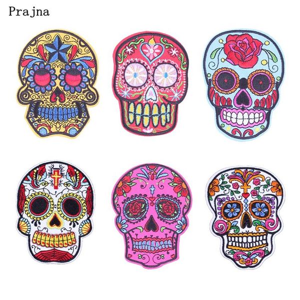 Prajna Punk Rock Teschio Ricamo Patch Accessorio Vario Stile Fiore Rosa Scheletro Iron On Biker Patch Vestiti Adesivi Appl2869