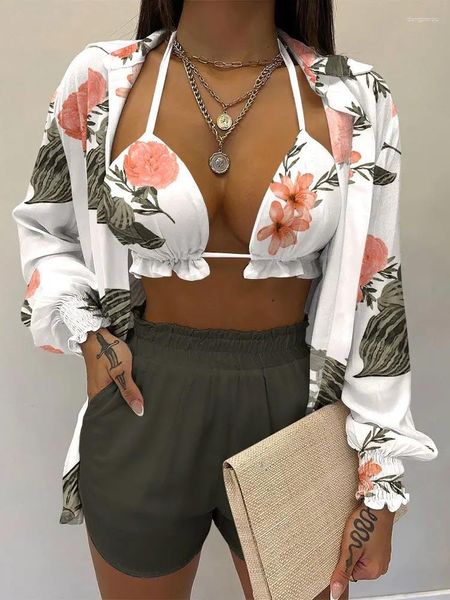 Agasalhos femininos verão praia conjunto de 3 peças para férias estampa floral camisa de manga comprida roupa de biquíni sexy sutiã shorts terno feminino roupa de banho