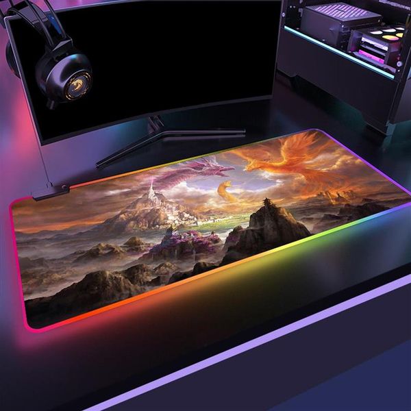 Mouse pads descansos de pulso Evil Dragon RGB Pad Black Neon Lights Gamer Accessories LED MousePad Large Monster Desk Play Mat Com Bac290a