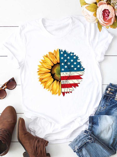 Sunflower Collection Creative Crisântemo Americano Camiseta Feminina Grande Manga Curta