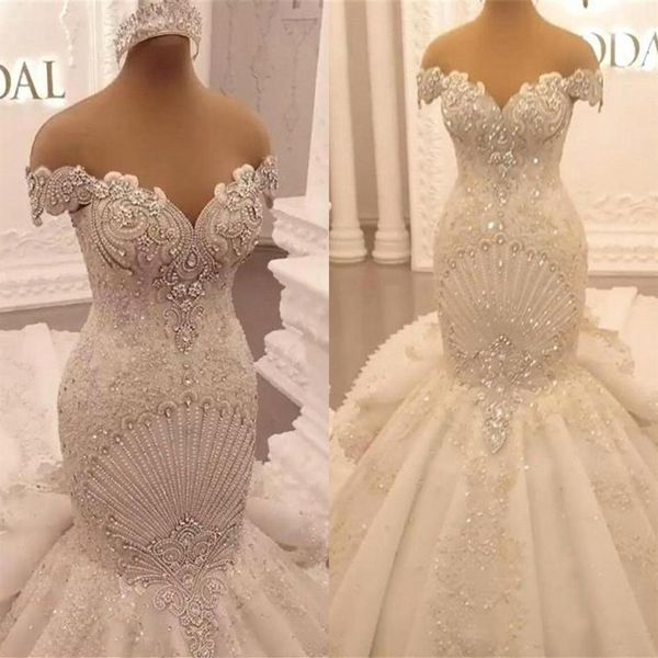 Apliques de luxo Renda Vestido de Noiva Sereia 2023 Elegante Ombro Fora Cristal Babados Sem Costas Árabe Dubai Vestidos de Noiva Vestidos 292r