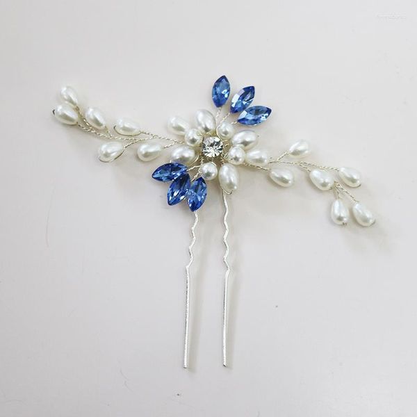 Grampos de cabelo azul prateado cristal feminino alfinetes feitos à mão pérola flor ornamento tiara jóias casamento acessórios