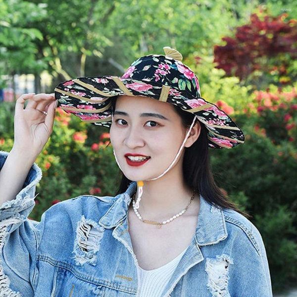 Breite Krempe Hüte Frauen Bambus Faltbarer Handfächer Sonnenhut Tragbarer chinesischer Stil Rahmen Blumendruck Sonnenhut für Reisen
