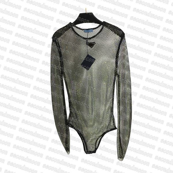 Parlak Rhinestone T Shirt Kadın Seksi Mesh Bodysuit Yaz Moda Şeffaf Bodysuits Kadın Tulum