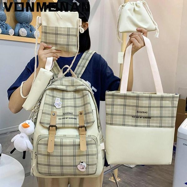 Okul çantaları 5 adet sevimli sırt çantası çantası kawaii tuval genç kızlar için okul çantası büyük satchel kalem kılıfı öğrenci kitap çantası sırt çantası