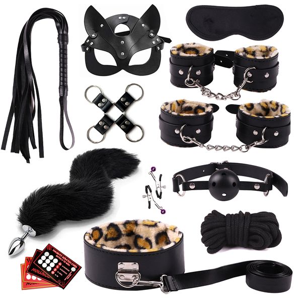 Bondage Leopard Print Constraint Set Bdsm Binding Plug Anal Sex Handle Anal Beads Plug Anal Bullet Vibrador 230719