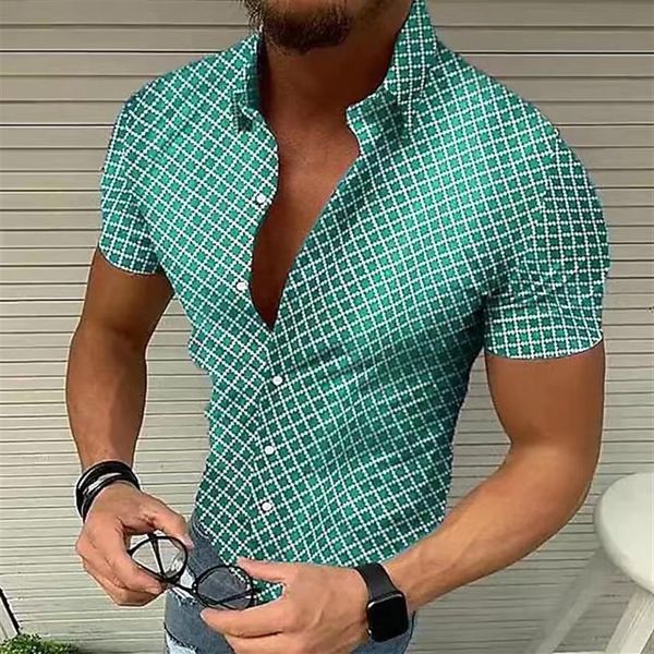 Novas camisas de verão masculinas xadrez camisa de manga curta casual tamanho grande top de lapela para homens vestido de botão chemise blusa homme296F