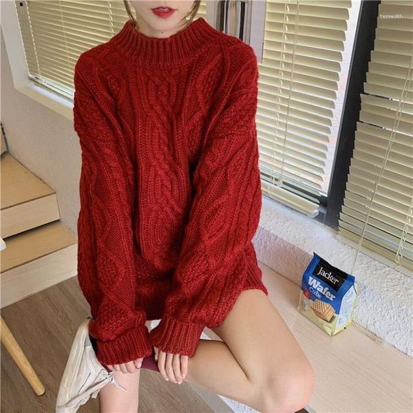 Frauenpullover Rot Herbst Winter Pullover Pullover 2023 Grundlegende Hälfte Rollkragen Oversize Jumper Vintage Gestrickte Für Frauen Q601