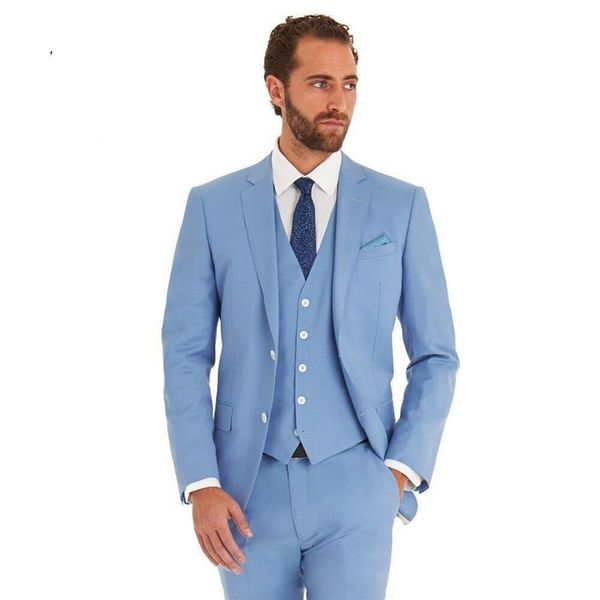 Novidades Dois Botões Azul Claro Noivo Smoking Padrinhos Notch Lapel Man Blazer Masculino Ternos Casamento Jaqueta Calça Colete Gravata 278j