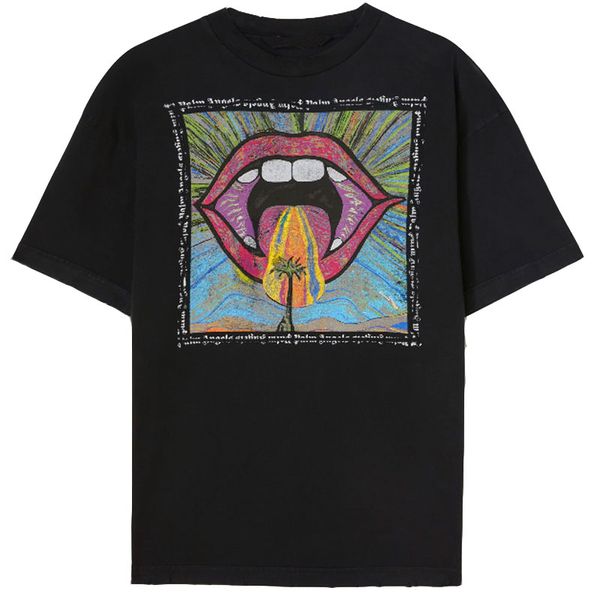 Camiseta masculina Palm Crazy Mouth preta de manga curta com impressão multicolorida Kaleidocsopic Mouth emoldurada pelo logotipo do anjo 100% algodão