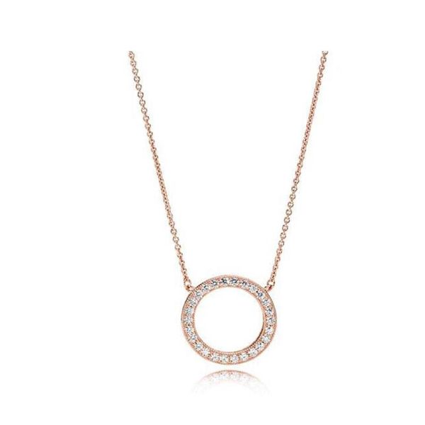 Collana in oro rosa 18 carati con pendente a forma di cerchio in argento sterling 925 con scatola originale per catena a disco con diamanti Pandora CZ da donna Jewe310O