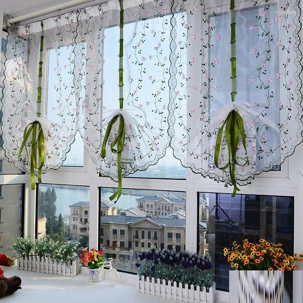 Tenda 1pc Pastorale Tulle Finestra Romana Ricamata Trasparente Per Cucina Soggiorno Camera Da Letto Screening Daisy Blinds