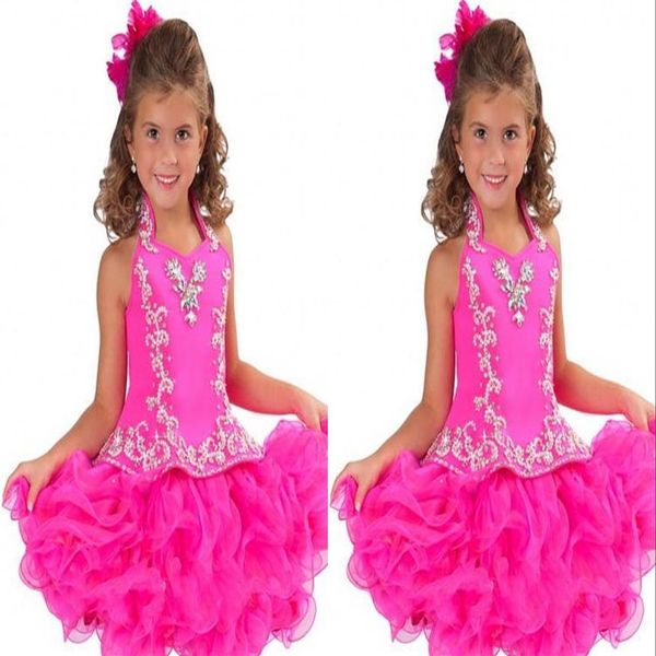 Vestidos de festa de casamento para meninas de gola alta rosa doce com cristais frisados em camadas vestidos de festa de casamento de aniversário infantil adolescente princesa Todd203k