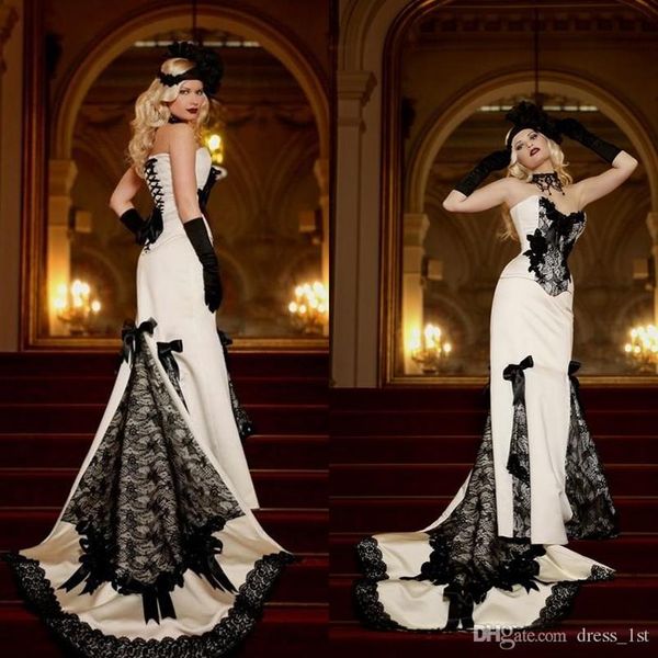 Vestidos de noiva vintage gótico preto e branco Barato Querida Sereia Laço nas costas Laço de cetim Victoria Vestidos de noiva Custom Made194L