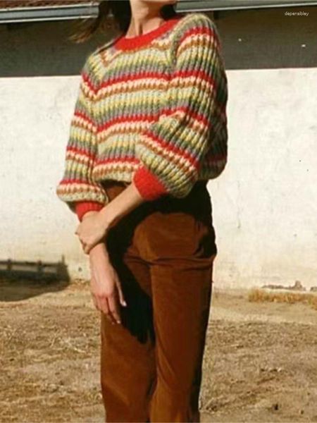 Frauenpullover Frauen Häkeln Bunte Gestreifte Wollmischung Pullover 2023 Früher Frühling Damen Vintage Klassischer Pullover Weibliche Lose Gestrickt