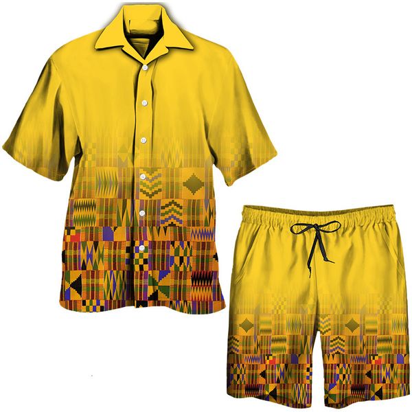 Fatos masculinos Impressão Africana Conjuntos Havaianos Masculinos Casuais Manga Curta Camisa / Shorts / Terno Étnico Casal Roupas Tradicionais África Roupas 230719