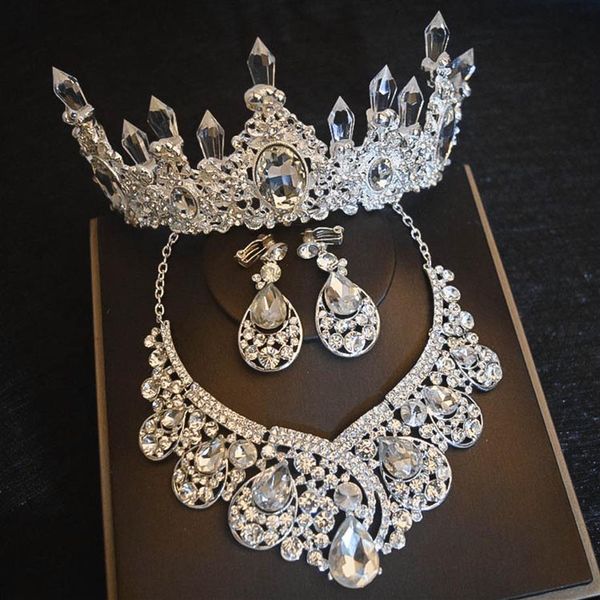 Luxuriöse große Strass-Brautschmuck-Sets, versilbert, Kristallkrone, Tiaras, Halskette, Ohrringe, Set für Braut, Haarschmuck292K