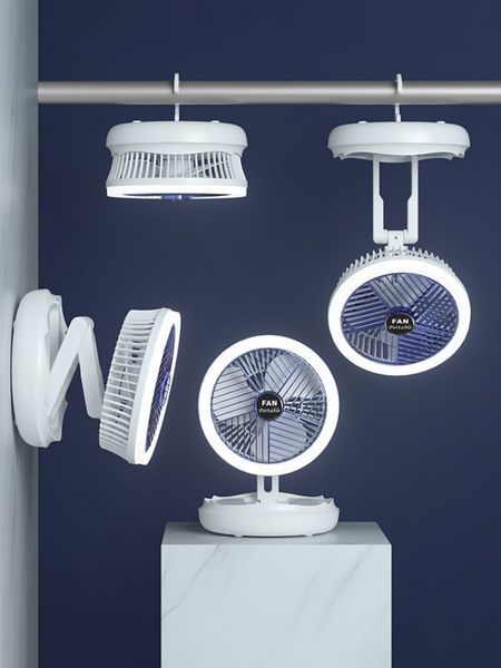 Ventilatore portatile con ricarica USB, ventilatore da tavolo pieghevole con luce a LED, ventilatore da soffitto sospeso a parete a 4 ingranaggi per campeggio, casa, ufficio