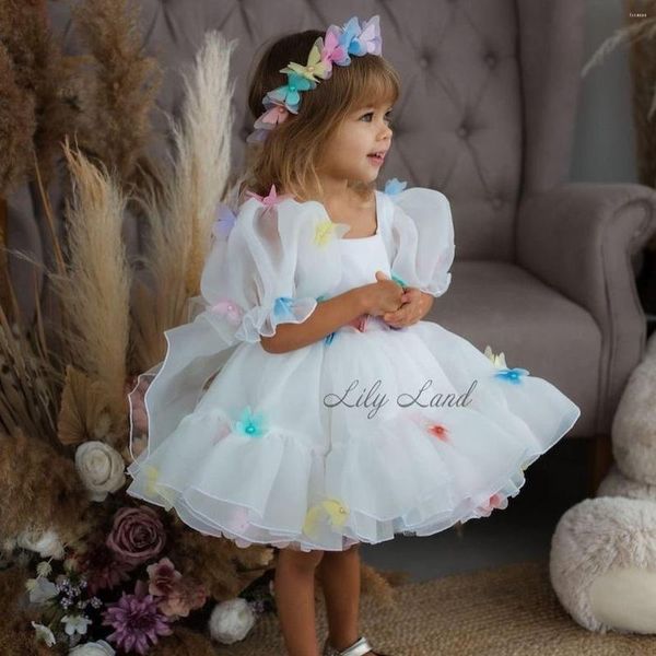 Vestidos de menina colorido borboleta flor meninas para casamentos branco aniversário crianças vestido de tule desfile vestidos de festa