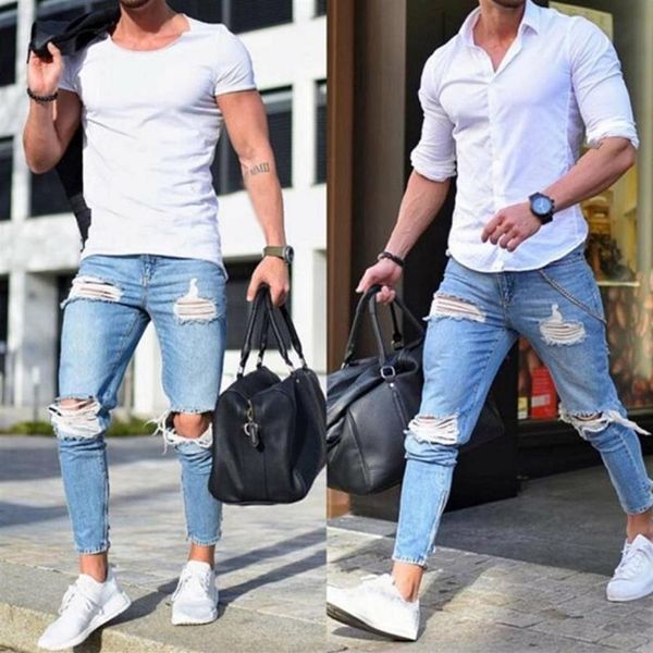 Pantoni da uomo in denim allungata distrutta per i pantaloni alla caviglia della moda strappato con cerniera jeans skinny per uomini jeans235l