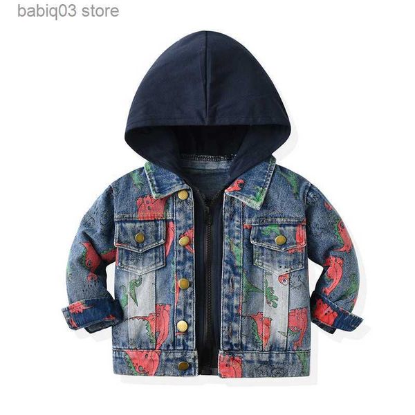 Giacche Abbigliamento per bambini autunno giacca a maniche lunghe in denim stampato dinosauro con cappuccio camicia casual in denim con cerniera T230720