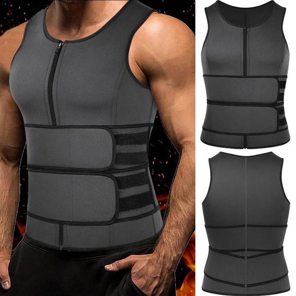 Colete de suor de neoprene para homem cintura modelador ajustável modelador corporal com zíper duplo para sauna terno masculino 196Q