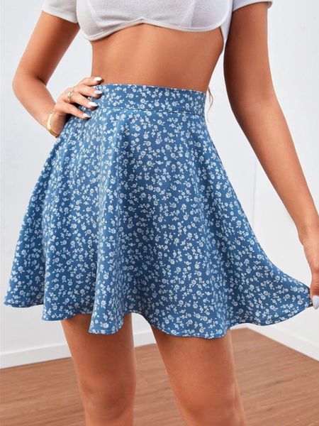 Saias Chiffon Saia Com Y2k Curto Verão Mini Saias Sexy Feminino Estampa Floral Cintura Alta Guarda-Chuva Feminina Azul Lnvisível Zíper Forro 230719