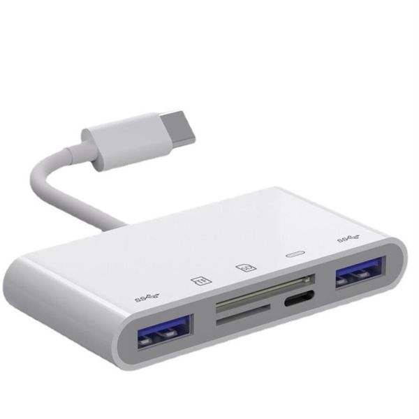 Hubs USB Tipo C Leitor de cartão USB-C para SD TF USB3 0 Conexão de portas 5 em 1 Adaptador de leitores de cartões de memória inteligentes para Macbook Pro Type-318T