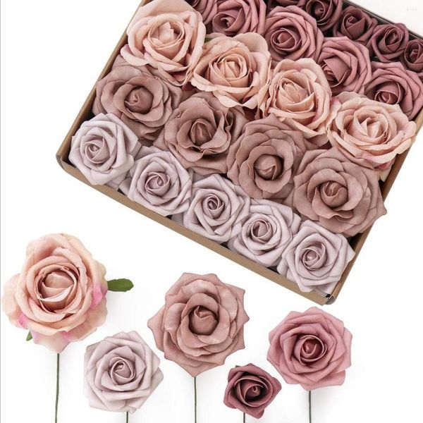 Dekoratif çiçekler mefier yapay tozlu gül ombre kutusu, DIY düğün centerpieces için gövdeli gerçekçi sahte güller buketler süslemeleri