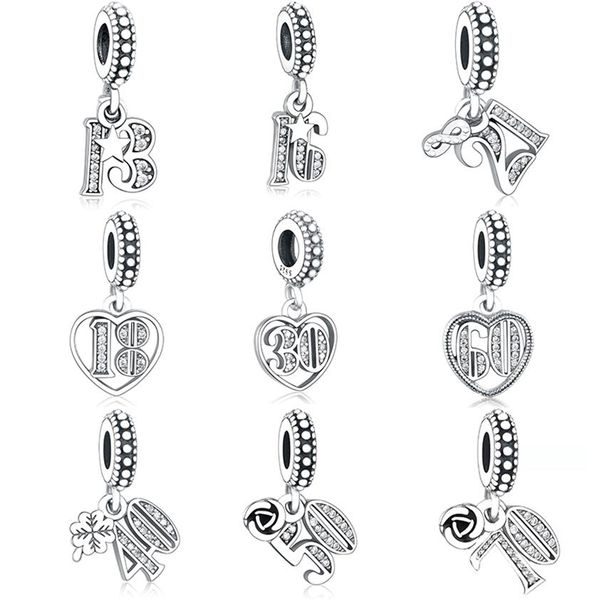 Alphabet-Zahlen 13 16 18 21 30 40 50 60 70 Perle authentisches 925er Silber passend für Original Pandora Charm-Armband Herstellung Berloque314w