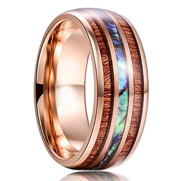 Alianças de casamento moda 8 mm ouro rosa carboneto de tungstênio havaiano madeira Koa e concha de abalone anel de opala incrustado banda joias masculinas 244P