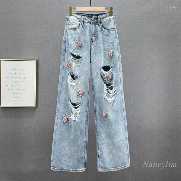 Jeans feminino com furos rasgados e perna larga mulher 2023 primavera verão cintura alta solto e emagrecedor flores bordadas strass calças compridas