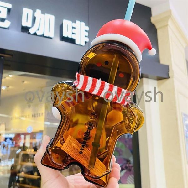 730Ml Starbucks Glass Tazze carine Cartoon Gingerbread Man Shape con paglia e sciarpa Alto borosilicato Resistente al calore ambientale 255N