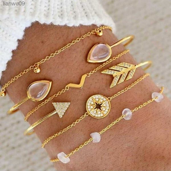 6 pièces costume Bracelet personnalité créative Simple bijoux de mode plein de diamant pointe de flèche pierre de pin Bracelet en forme de V L230704