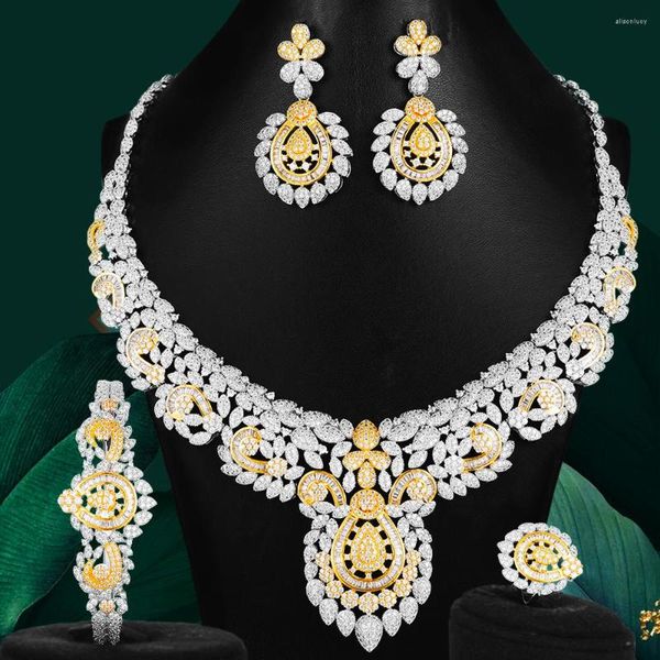 Halskette Ohrringe Set Missvikki Blume Blatt Luxus Frauen Nigerianischen Hochzeit Naija Braut Zirkonia Dubai 4PCS Kleid Schmuck