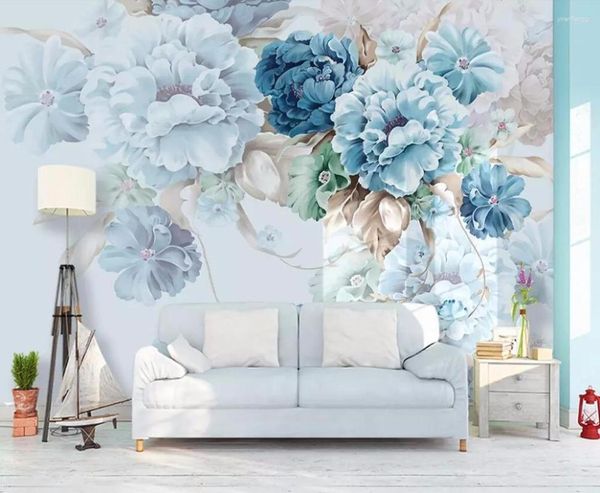 Papéis de Parede Bacal Papel de Parede Personalizado Nórdico Fresco Pintado à Mão Peônia Flor Azul Jardim Sala de Estar TV Fundo Pintura de Parede 3d