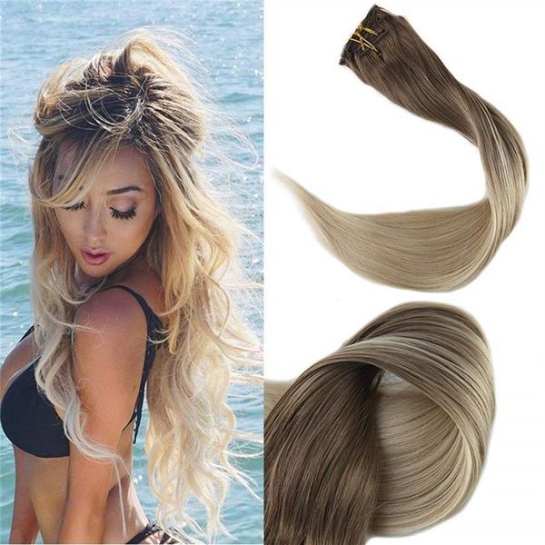 Clip-In-Haarverlängerungen, Ombré-Farbe Nr. 8 Hellbraun, verblassend bis Nr. 60 Platinblond, 120 g, 7-teiliges Set, echte Clips im Haar, Schuss273r