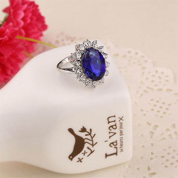 Conjunto de anel de noivado de luxo completo princesa britânica Kate Diana William noivado azul safira puro sólido 244F