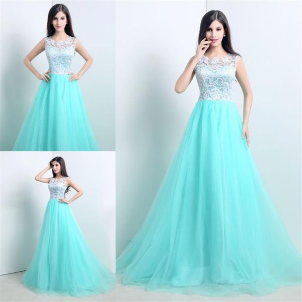 2015 neue Lager Elegante A-Linie Mintgrün Spitze Abendkleider Mit Applikationen Bodenlangen Günstige Prom Party Kleider Vestidos de Festa270Q