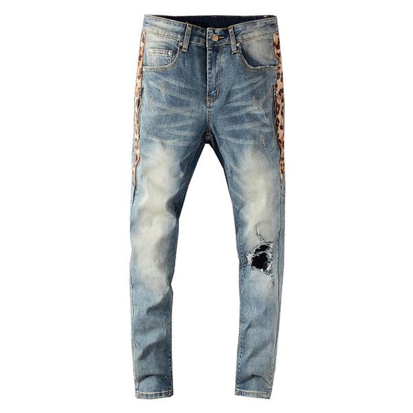 Jeans skinny streetwear da uomo Jeans strappati con fori patchwork con stampa leopardata laterale da uomo Pantaloni skinny in denim elasticizzato slim231B