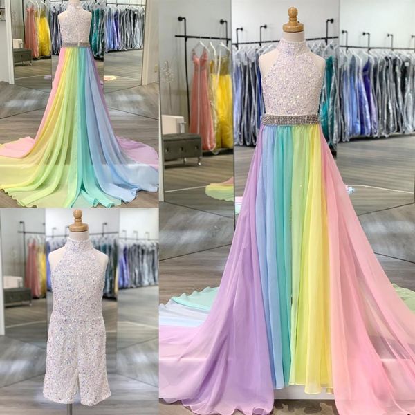 Macacão de lantejoulas com AB Stone Arco-íris Saia de chiffon Gola alta Vestido de desfile menina com zíper nas costas sem mangas 224k