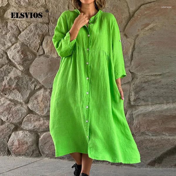 Abiti casual Donna Cotone Lino Tinta unita Abito Moda Colletto alla coreana Bottoni Cardigan Camicie Lady Elegant Party Vestido