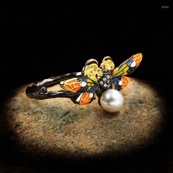 Кластерные кольца милая педавая пальцы кольцо Природа пресноводная жемчуга дамы черные золотые ювелирные украшения эмаль 2023