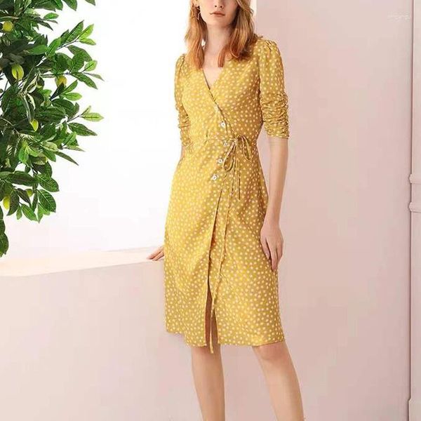 Повседневные платья ретро полу рукав упаковка колена платья женская женская летняя французская желтая звезда припечаток талии Элегантная короткая одежда