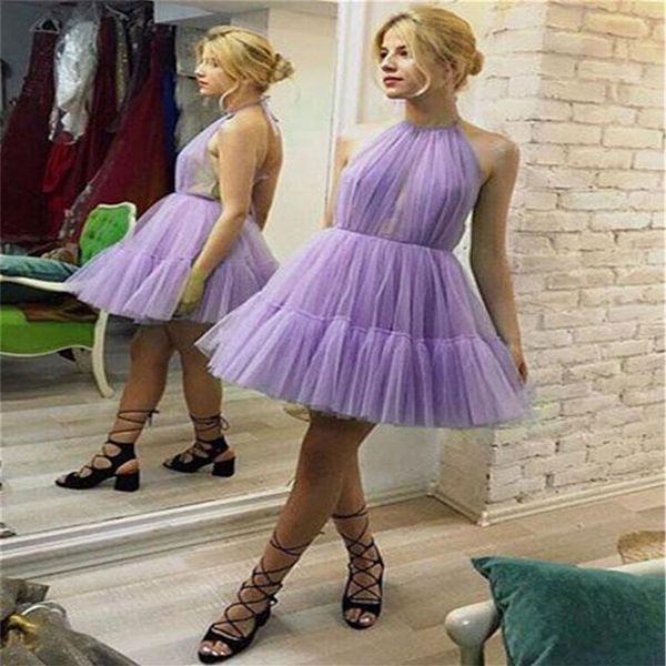 2019 New Lavender Tulle Short Prom Dresses Halter Backless Puffy A Line Summer Evening Party Gowns A-line Cocktail Party Dress277M