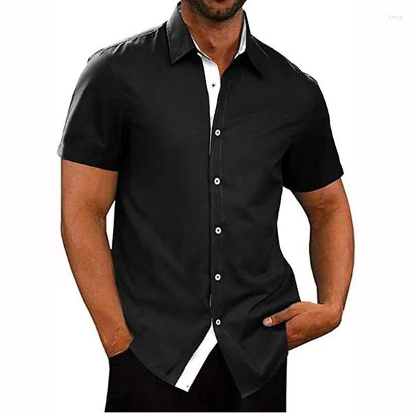 Camisas casuais masculinas verão 2023 gola polo frente contrastante manga curta botão grande camisa elástica nos quatro lados