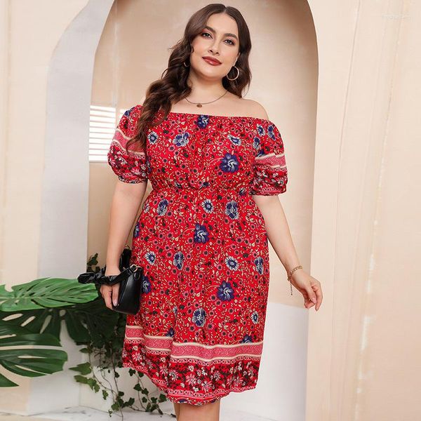 Damenbadebekleidung 2023 Modeverkauf Bohemian Red Print Kleid Fat MM One Line Neck Lose Großer kurzer Rock Temperament Pendeln