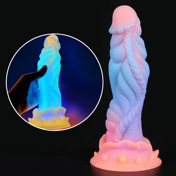 DildosDongs Luminoso Dildo Drago Dildo Pene Silicone Incandescente Mostro Plug Anale Buttplug Massaggiatore Femminile Giocattolo Del Sesso 230719